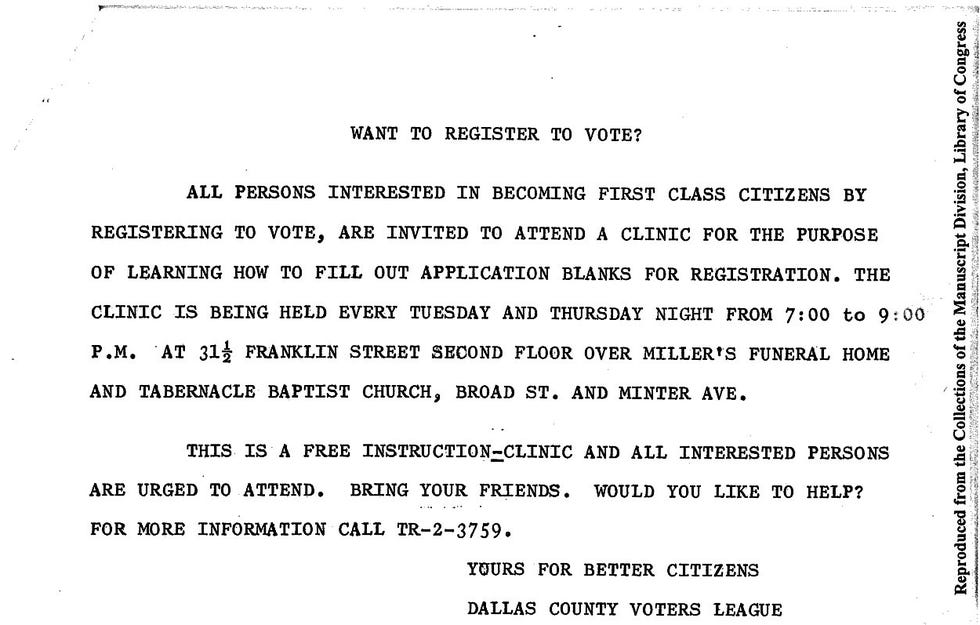 “Want to register to vote?” Dallas County Voter's League flier.