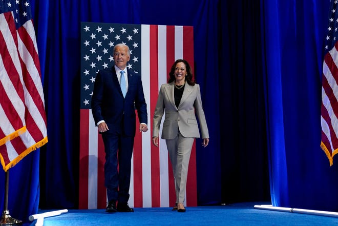 U.S. President Joe Biden and Vice President Kamala Harris walk out together, before delivering remarks on Medicare drug price negotiations at an event in Prince George's County, Maryland, U.S., August 15, 2024.