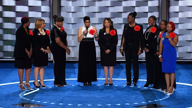 Members of Mothers of the Movement take the stage during the Democratic National Convention on July 26, 2016, in Philadelphia.