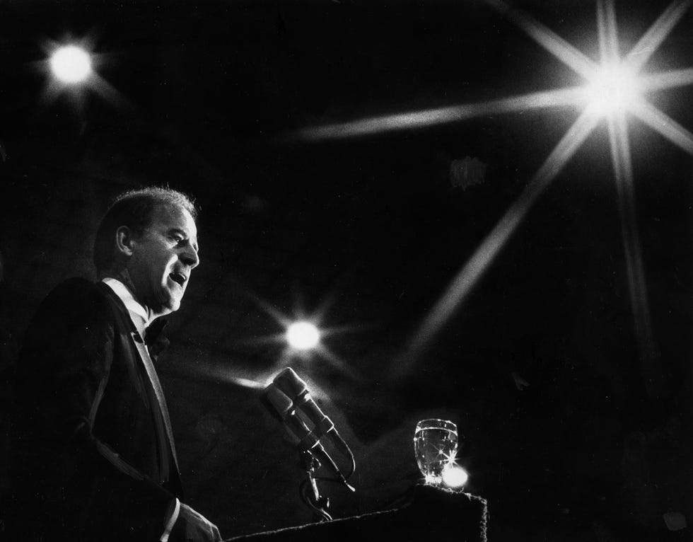 Sen. Joe Biden speaks to a full ballroom at the Radisson as TV lights beam down on him as he makes his announcement as to when he will announce for the presidency at the annual Jefferson-Jackson Day dinner fund raiser on April 28, 1987 in Wilmington, DE.