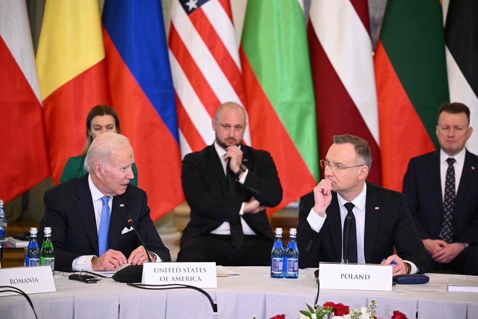 President Joe Biden and Polish President Andrzej Duda attend the Extraordinary Summit of the NATO at the Presidential Palace in Warsaw on February 22, 2023.