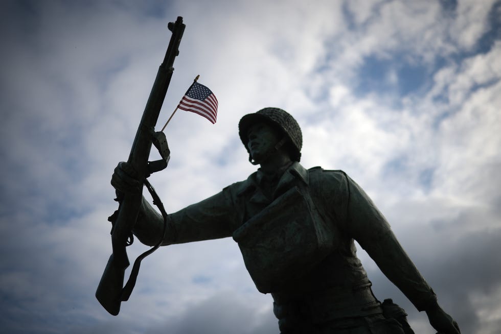 A memorial statue honoring U.S. soldiers from the 29th Infantry Division is shown above Omaha Beach on June 05, 2024 in Vierville-sur-Mer, France. Normandy is hosting a variety of events across significant sites such as Omaha Beach, Pegasus Bridge, Sainte-Mère-Église, and Pointe du Hoc, leading up to the official commemoration of the 80th anniversary of the D-Day landing on June 6.