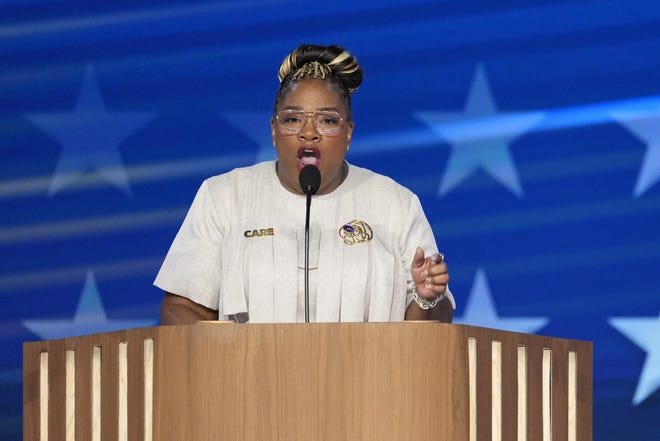 Aug 19, 2024; Chicago, IL, USA; April Verrett, President of the Service Employees International Union (SEIU) speaks during the first day of the Democratic National Convention at the United Center. The DNC program will feature President Joe Biden and Former Secretary of State Hillary Clinton during Monday's ceremonies. Mandatory Credit: Jasper Colt-USA TODAY