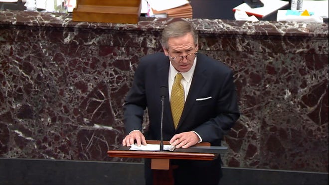 Michael van der Veen, lawyer for former President Donald Trump speaks during the second impeachment trial of former President Donald Trump in the Senate on Feb. 12, 2021.