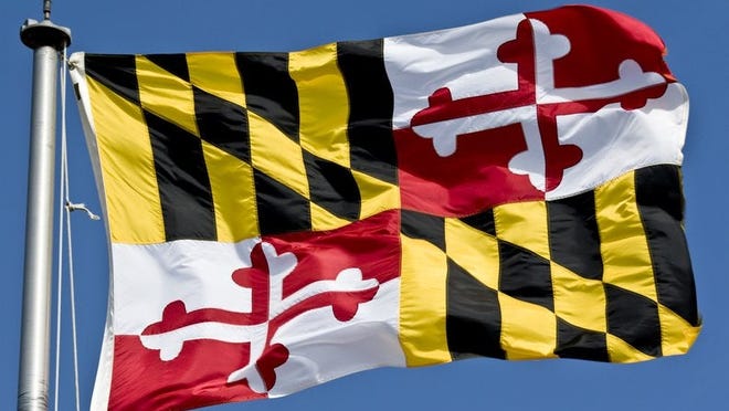 The Maryland state flag waving in the breeze.