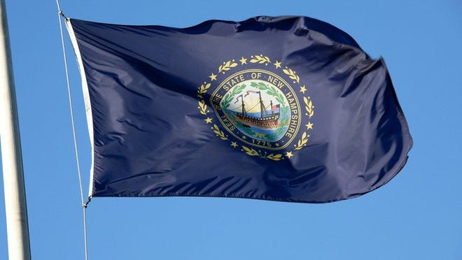 The New Hampshire state flag fluttering in front of a blue sky.