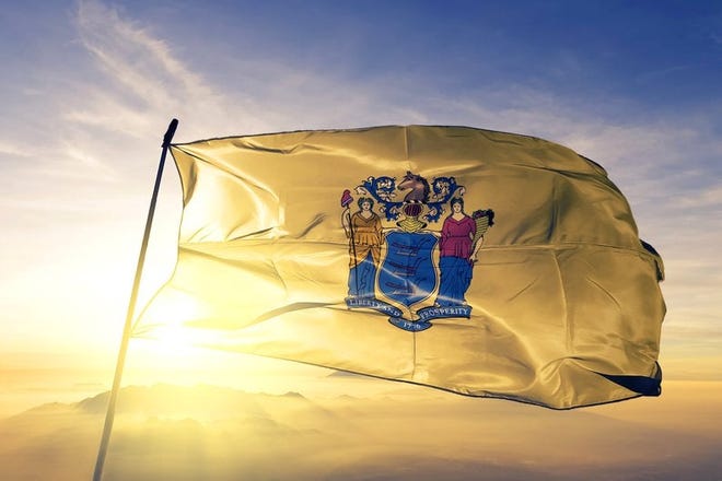 State flag of New Jersey, illuminated by sunlight.