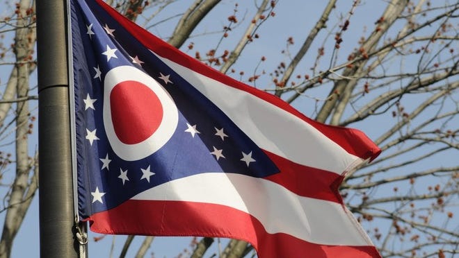 The Ohio state flag flying in front of tree branches.