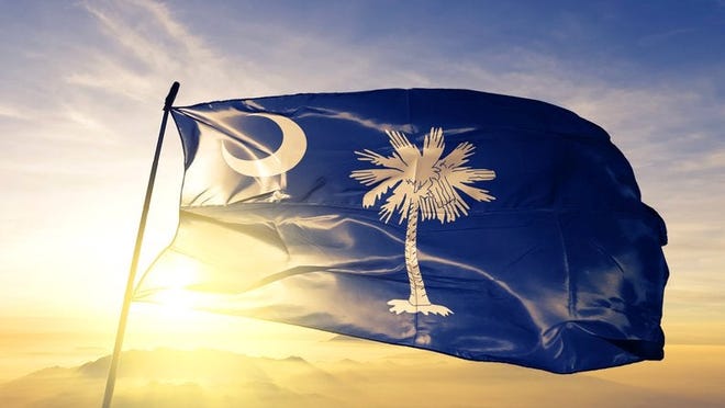 The state flag of South Carolina flying in front of a sunny sky.