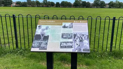 A playing field describing the career of the Charlton brothers with a playing field in the background