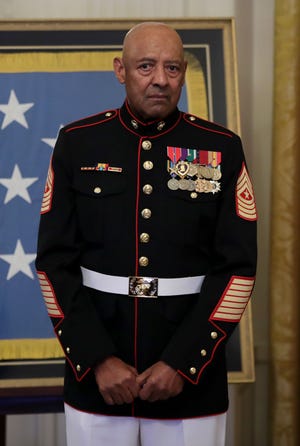 Retired Marine Sgt. Maj. John L. Canley is honored during a ceremony in the East Room of the White House Oct. 17, 2018, in Washington, D.C.