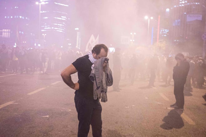 October 18, 2023: People clash with anti-riot policemen outside the Israeli consulate during a protest to show solidarity with Palestinians in Istanbul early. Health officials in Gaza on Oct. 17 said at least 200 people were killed in an air strike on a hospital compound that sheltered the wounded and displaced from Israeli bombing, prompting condemnation and fury in the Middle East and beyond.