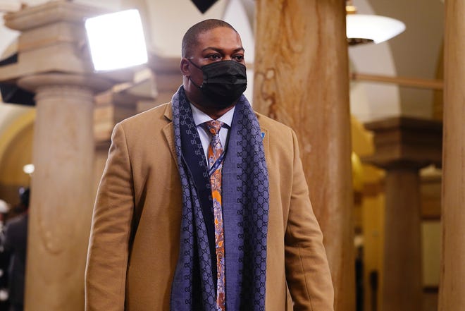 Capitol Police officer Eugene Goodman arrives in the Crypt of the US Capitol for President-elect Joe Biden's inauguration ceremony on, Jan. 20, 2021 in Washington.