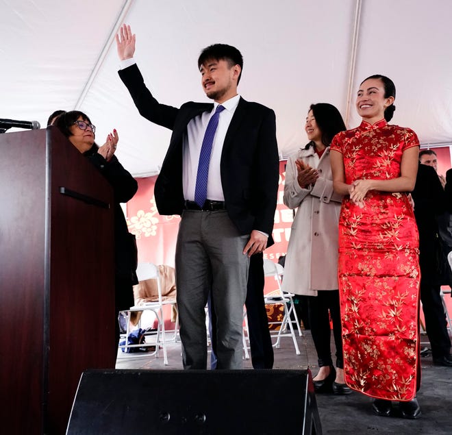 Brandon Tsay is honored at a Lunar New Year celebration on Jan. 29, 2023, in Alhambra, Calif.  The celebration was delayed from the prior weekend after a gunman killed 11 at nearby Monterey Park then tried to push his way through the dance studio where Tsay worked.