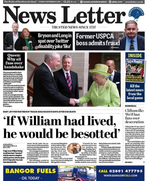 News Letter  front page of the News Letter, Tuesday 18 September 2018