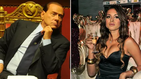 Getty Images A composite image shows Silvio Berlusconi, left, leaning casually in the golden chair of parliament in 2010, while on the right is pictured Karima El-Mahroug, seated in a rather more ornate golden chair at a nightclub photoshoot, wearing a black dress and raising a glass of champagne