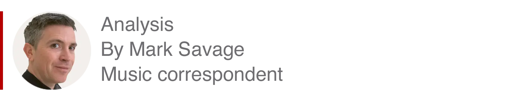 A graphic denoting a breakout box. It's got the heading "Analysis, By Mark Savage, music correspondent". There's a portrait of Mark on the left-hand side. He's a white man with short, neat dark hair and brown eyes. He's giving a wry smile with his head turned slightly towards the viewer.