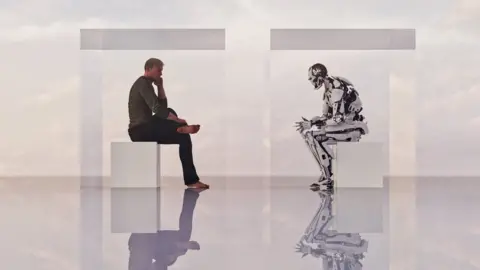 Getty Images An illustration of a man talking with a robot