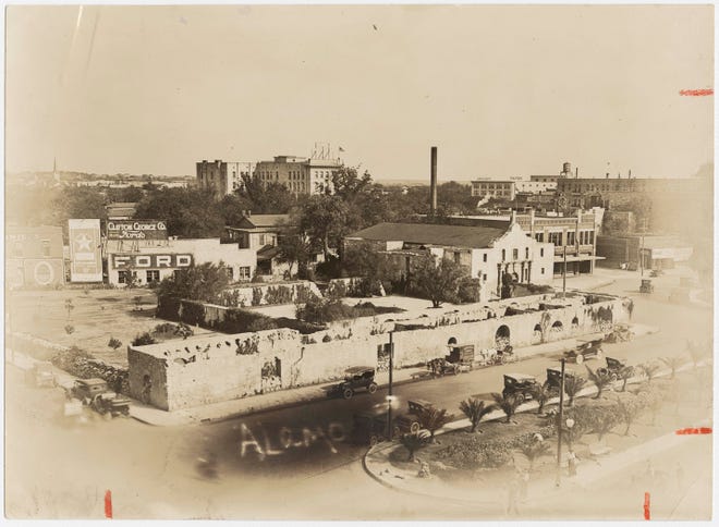 A view of the Alamo in historic San Antonio, Texas includes the long barrack where priests and nuns lived and where historians confirm most of the fighting in the 1836 battle took place.