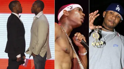 Getty Images Kanye West (on tip toes) facing off with 50 Cent at the 2007 VMAs, Ja Rule, and The Game