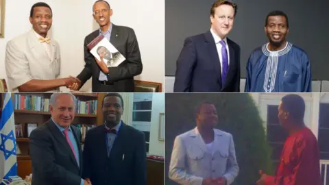 RCCG Top L_R: Pastor Adeboye with Rwandan President Paul Kagame and UK's ex-Prime Minister David Cameron. Bottom L-R: Pastor Adeboye with Israels Prime Minister Benjamin Netanyahu and Togos' President Faure Gnassingbé
