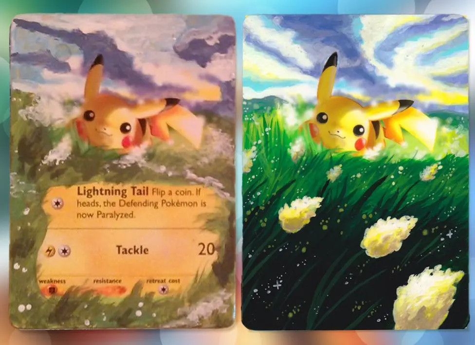 @Lunumbra/The Pokemon Company On the left of the picture is a Pikachu card painted roughly. It has basic colours and is clearly very rough and textured. On the right, it has been painted in great detail, with more vibrant colours and appears completely smooth to the touch.