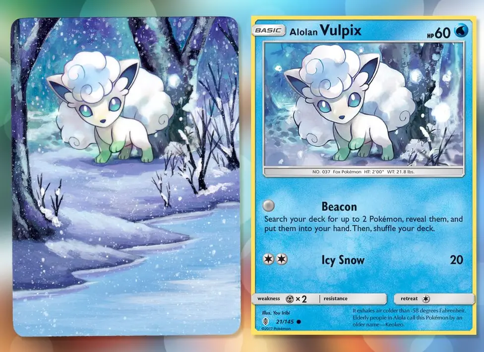 Lunumbra/The Pokemon Company A Pokemon card of Vulpix, beside a painting on the same card. The name of the Pokemon and other similar information has been painted over to extend the landscape, creating a snowy scene with a frozen river and tall trees.