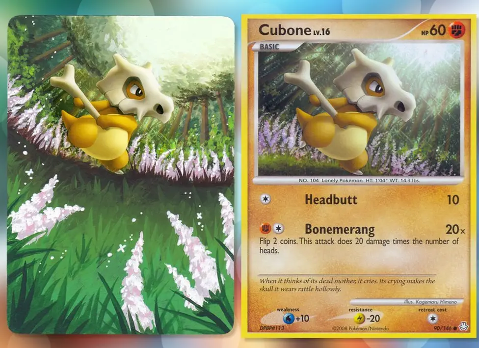 @Lunumbra/The Pokemon Company A cubone Pokemon card. This features lush flowers in a garden theme.