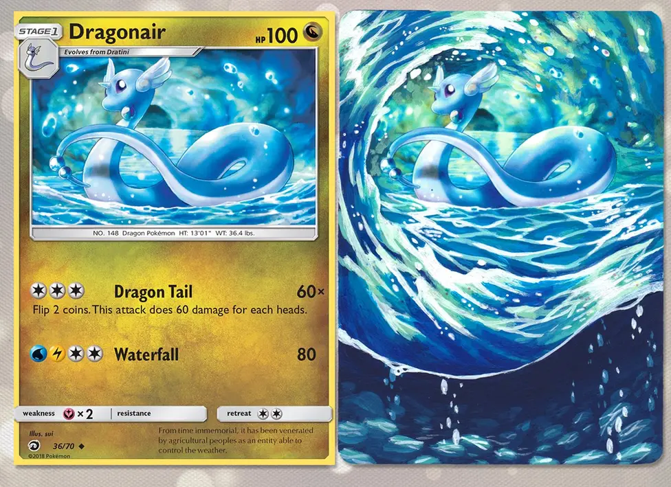 @Lunumbra/The Pokemon Company A Dragonair. The original water artwork has been dramatically extended to show crashing waves around the Pokemon.