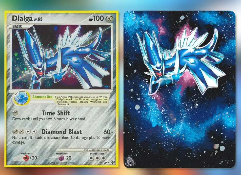 @Lunumbra/The Pokemon Company A Dialga. The Pokemon card is quite different to the others, with a space theme caused by a shiny card. The artwork has been extended, with the entire card now shiny.