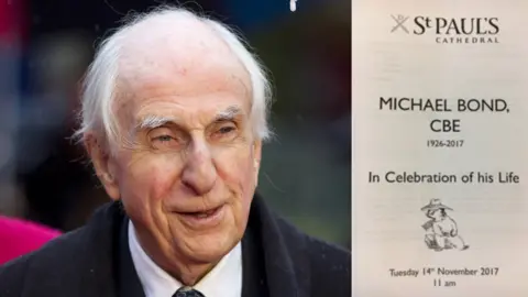 Getty Images Michael Bond in 2014 and an order of service